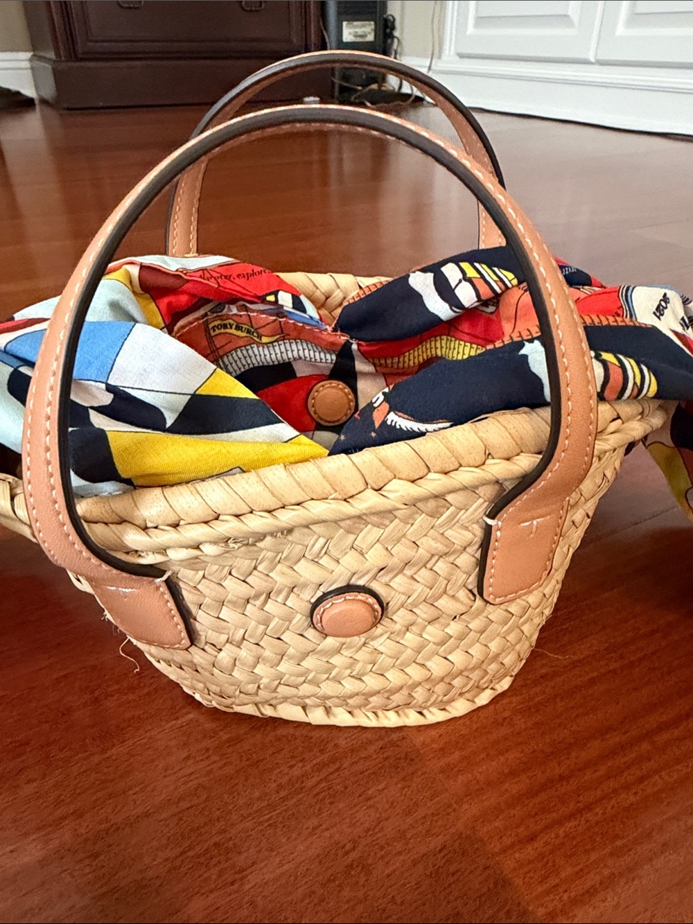 Tory Burch Straw Mini Basket Bag with Pink Leather Trim and Multicolor Scarf - Picture 5 of 9